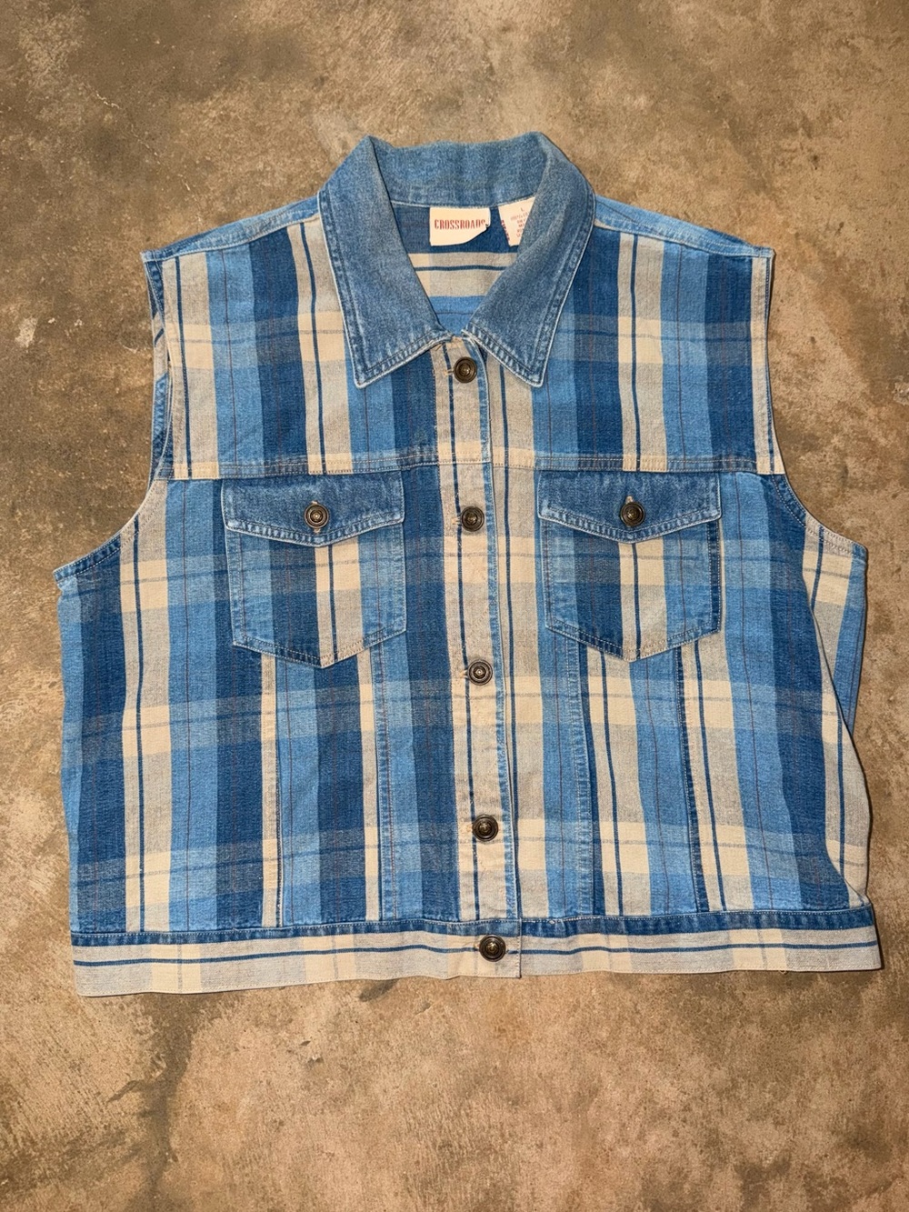 Crossroads L Blue Plaid Denim Vest Western Button Front 100% Cotton Grandpacore